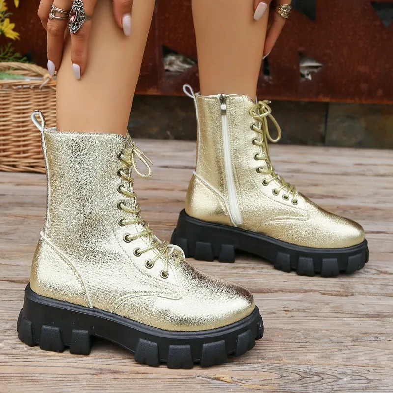 024 Winter Silver Crystal Thick Sole Ankle Boots Women\'s Gothic Thick Sole Motorcycle Boots Women\'s Luxury Rhinestone Punk Shoes