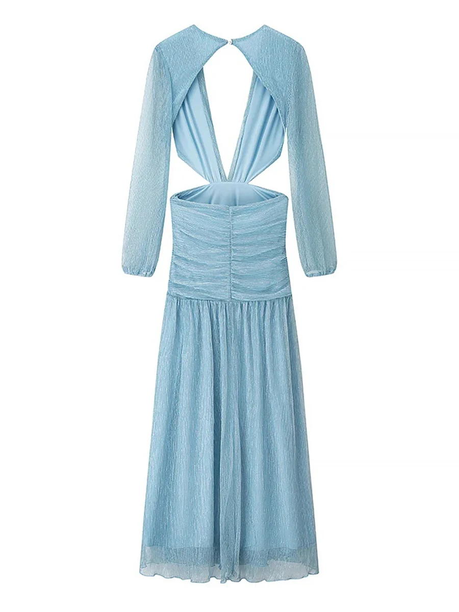 TWOTWINSTYLE مثير الصلبة الصيف فساتين حريمي الرقبة العميقة طويلة الأكمام الجوف خارج تصميم فاخر مساء فستان طويل أنثى جديد #4