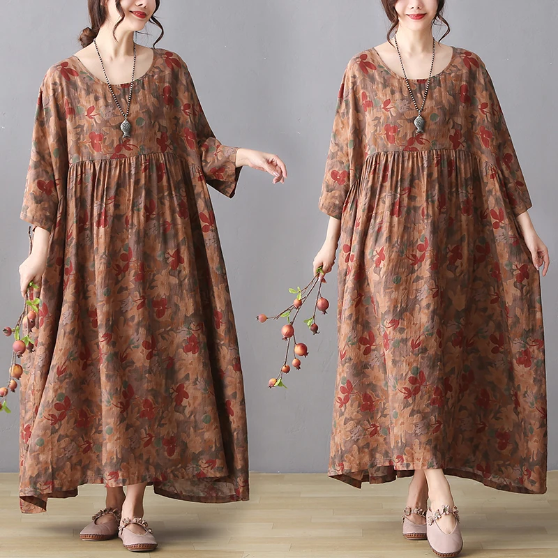 

Свободное платье миди с длинным рукавом, осенняя новинка, хлопок и лен, с принтом, стройнящее, больших размеров, в художественном стиле, повседневное, с круглым вырезом