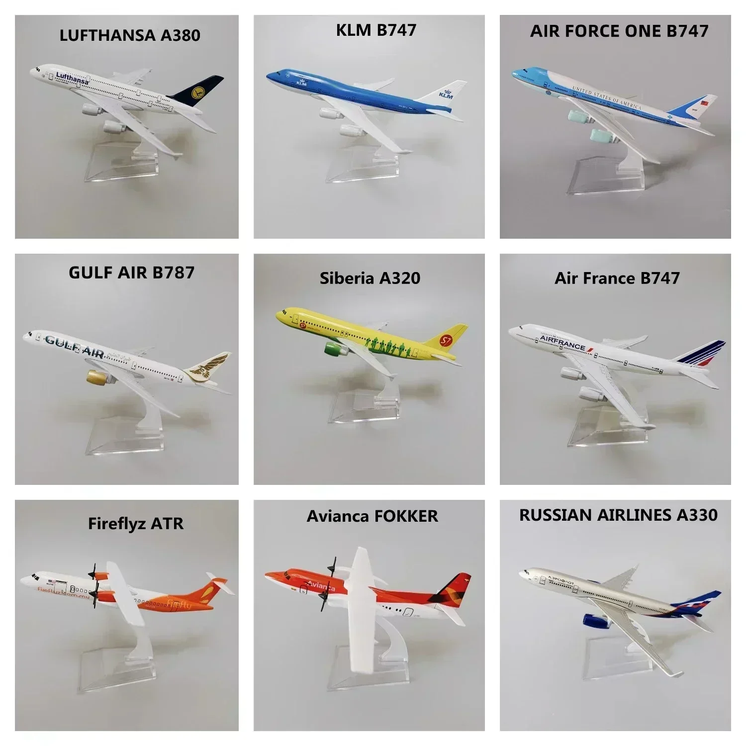 

KLM Lufthansa Russian France Chile Brazil Spain British USA ERJ145 A340 A350 B737 B747 B787 Plane Model Airplane Aircraft 16cm