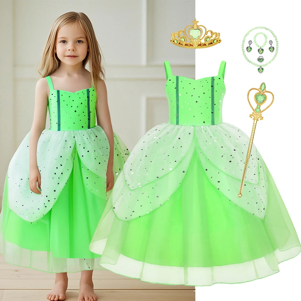 2025 Girls Child Dress Tinker Bell Cosplay Off Shoulder Suspenders Costume Ball Gown Birthday  Party Princess Clothes  2-10T