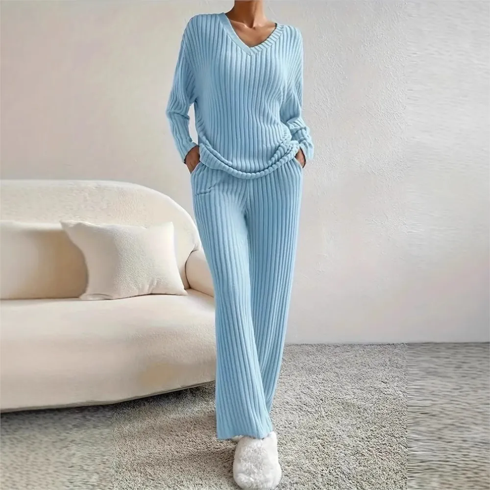 

Fashion Knitted Pit Strip T-shirt V-neck Long-sleeved Women Suit Winter New Casual Pocket Simple Home Wear Trousers 2-piece Set