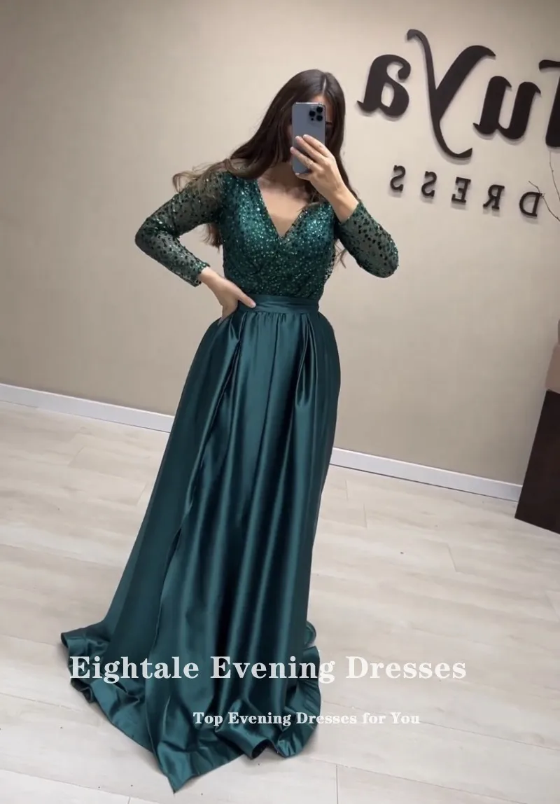 Eightale Sparkly Evening Dress for Wedding Party Customized Long Sleeves Formal Occasions A-Line Prom Gowns robe de soirée femme