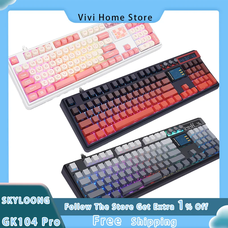 SKYLOONG GK104 Pro Mechanical Keyboard Customization 3 Mode Wireless Bluetooth RGB 3 Knobs 2.0 Screen Hot Plug PBT Game Office