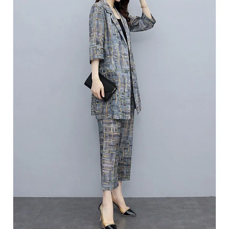 Korean Fashion 3/4 Sleeve Coat Printing Two Piece Set Women\'s Clothing Summer Casual Commute High Waist Cropped Pants Female