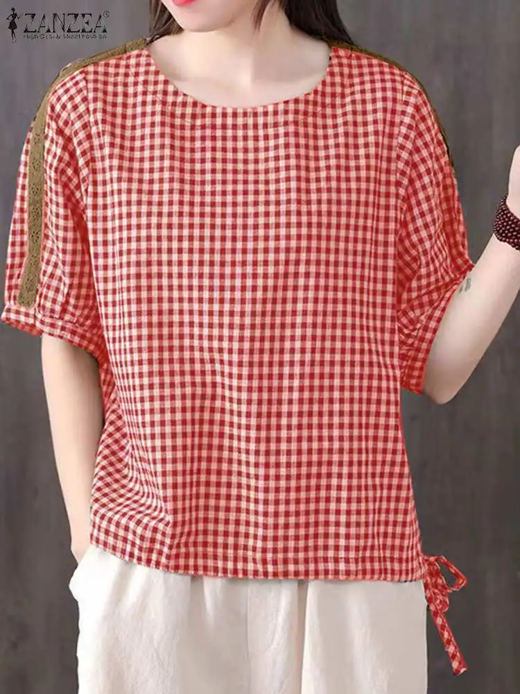 ZANZEA Summer Drawstring Hem Blusas Mujer Checked Lace Patchwork Short Sleeve Women Shirt Tops Casual Vintage Gingham Blouses