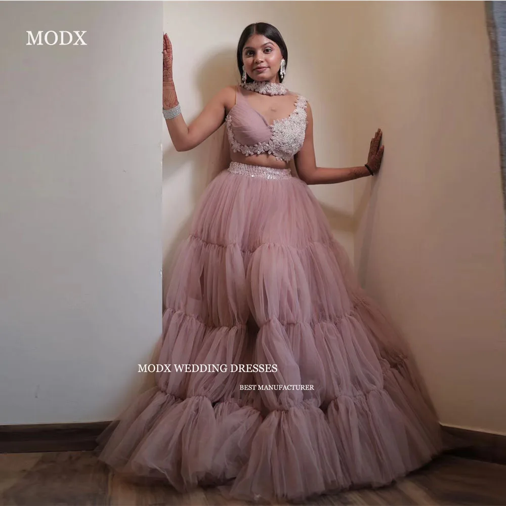 

MODX India Arabic Women Evening Dresses Dusty Pink Soft Tulle Tiered High Neck Prom Gown Formal Occasion Party Dress Vestidos