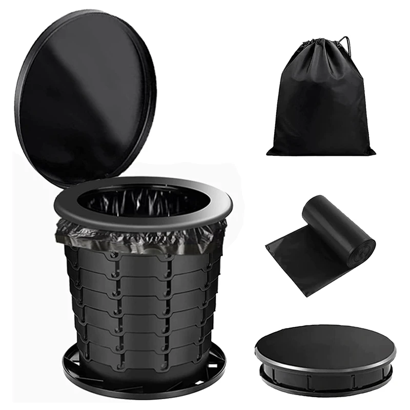 1Set Portable Toilet For Adults Kids Outdoor Camping Potty And Emergency Mini Toilet Black