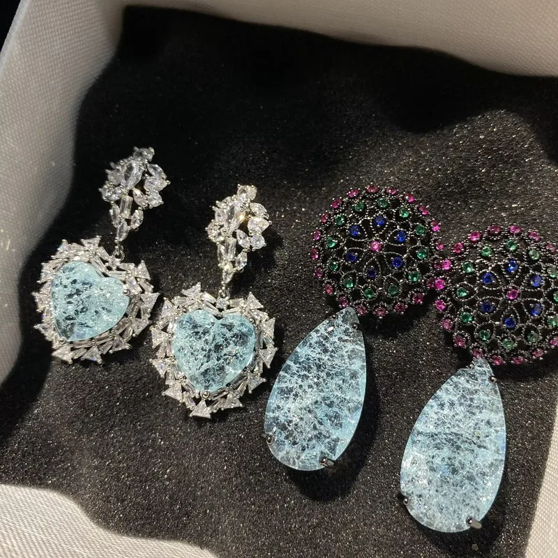 Vintage Teardrop Cracked Blue Stone Dangle Earrings Multicolor Crystal Round Top Statement Earrings For Women Daily Jewelry