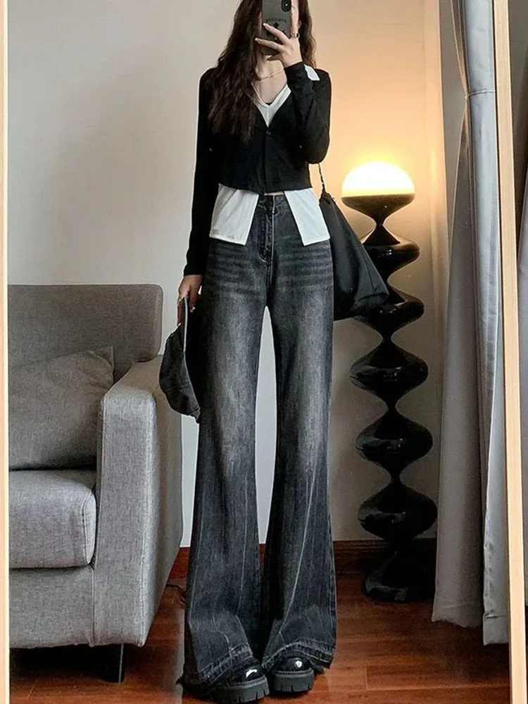 Velours épaissi mode Streetwear jean mince frangé taille haute Bootcut Denim pantalon ample rétro jambe large lavé Vaqueros