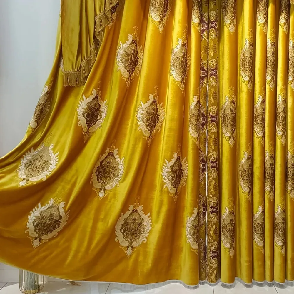 European-style Luxury Retro Thickened Golden Velvet Embroidered Curtains For Living Dining Room Bedroom Valance Window Blackout