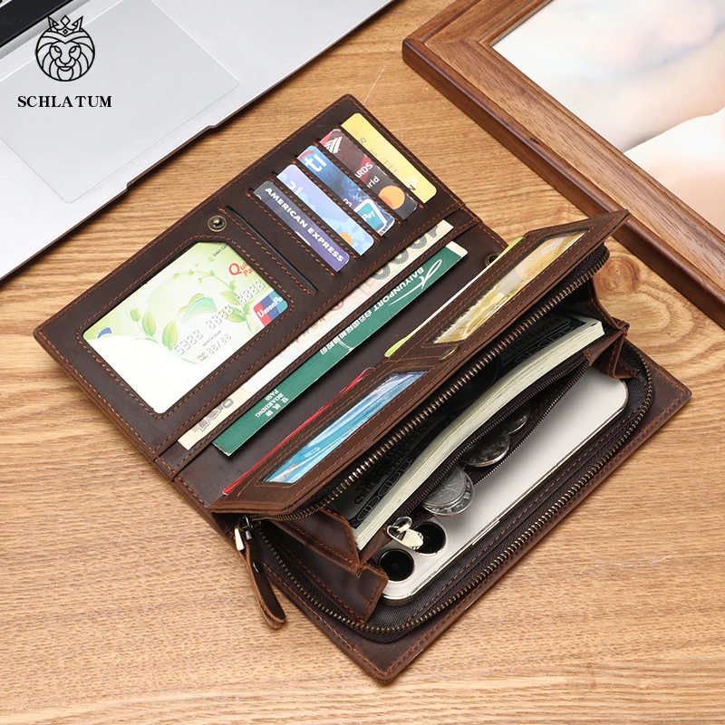 Роскошный мужской кошелек Crazy Horse из натуральной кожи, длинный многофункциональный кошелек для визитных карточек, брендовый модный женский кошелек