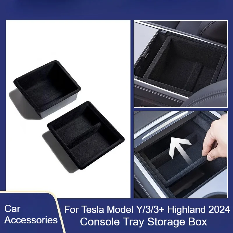 

For Tesla Model Y/3/3+ Highland 2024 Console Tray Storage Box Original Armrest Box Storage Box Flocking Case Car Accessories