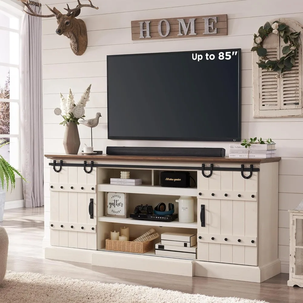 

75" Farmhouse TV Stand for TVs Up to 85 Inches, Large Rustic Entertainment Center with Sliding Barn Door, Tall Highboy Media