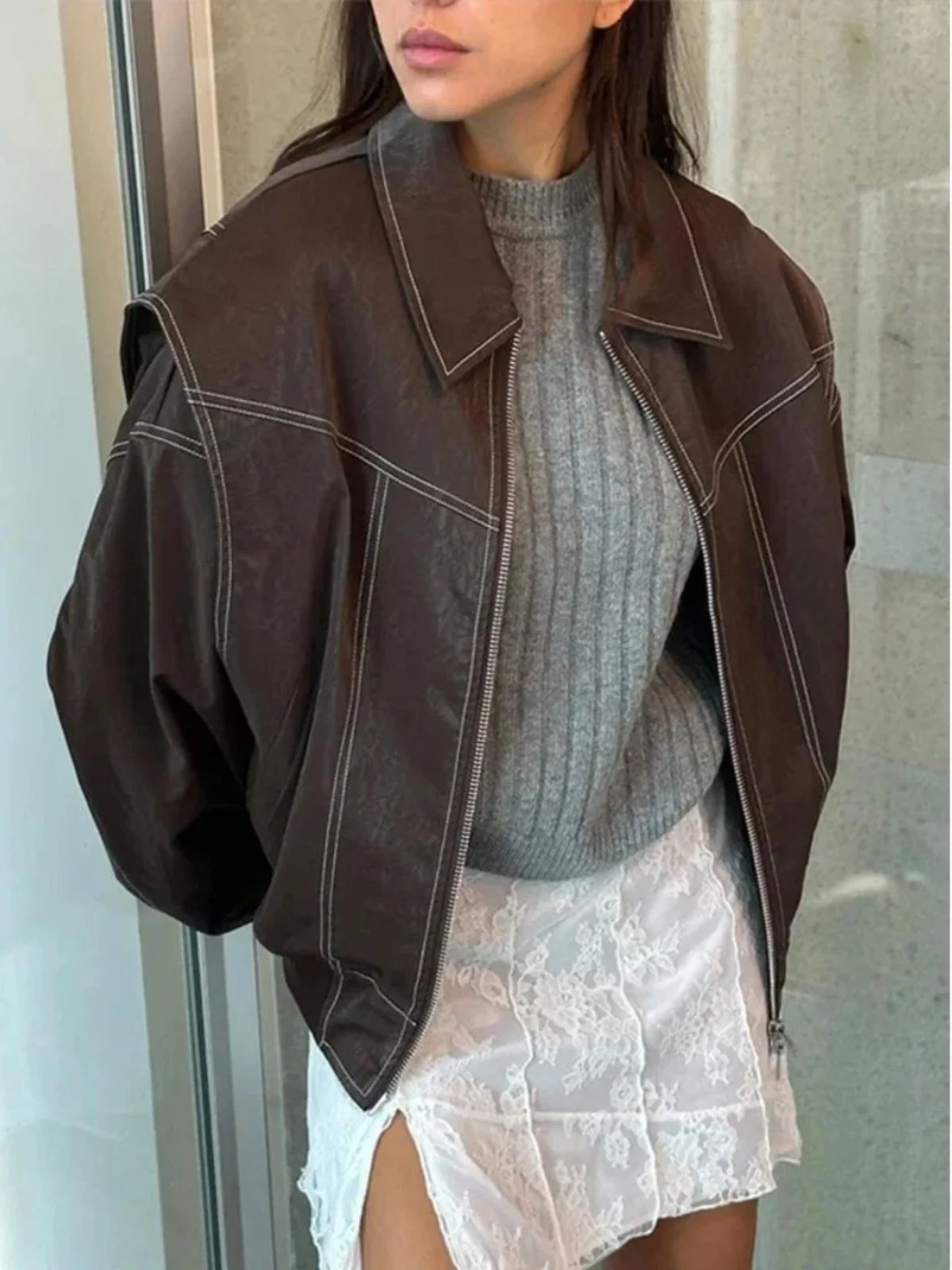 Vintage-Reißverschluss, lang, Sve Jaet, Stehkragen, übergroß, Street Sle, normale Manschette, Einzelstück, Herbstkollektion, reine Farbe