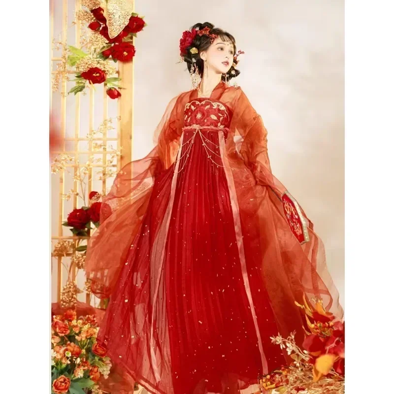 Robe de mariée rouge des dynasties du sud du nord pour femmes, broderie traditionnelle chinoise, robes Hanfu avec Pibo nickel é