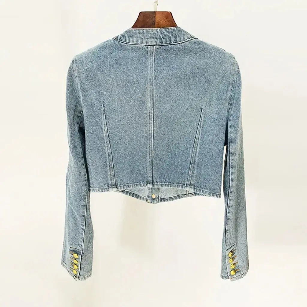 

European And American Style Spot Lion Buckle Short Denim Jacket round Neck Washed Coat for Women