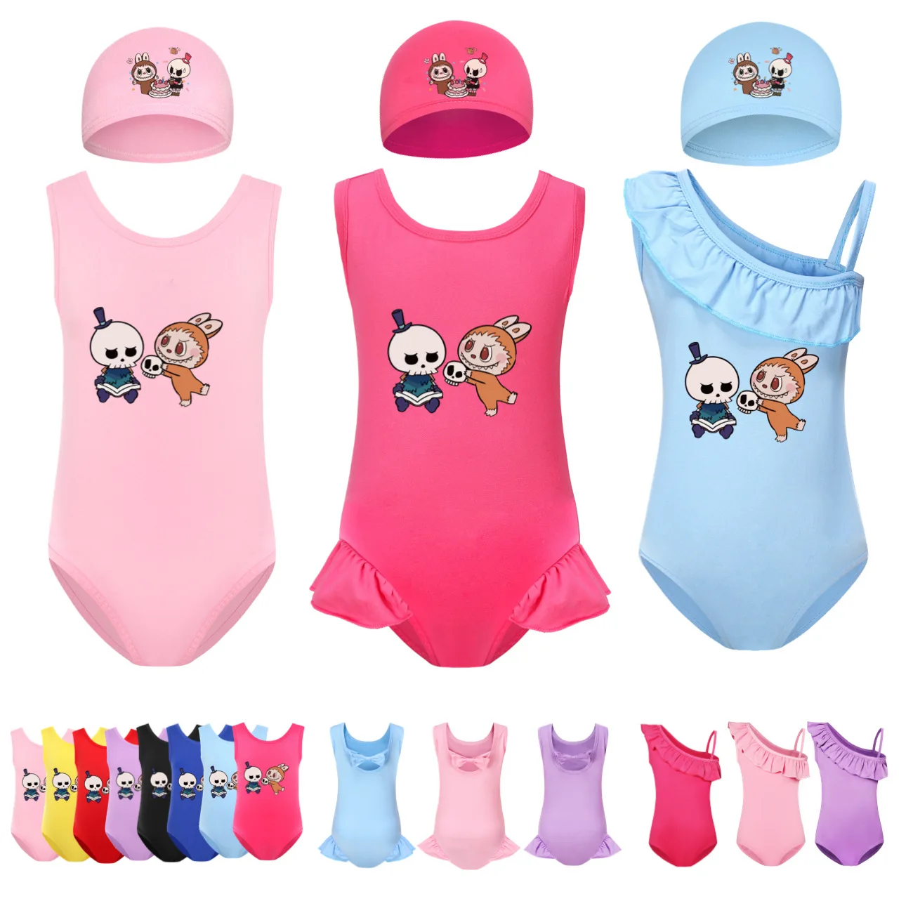 Baby Swimwear Kids Labubu One Piece BeachWear Child Swimming Suit Toddler Girls Cartoon Swimsuit+cap 2pcs Sets4272