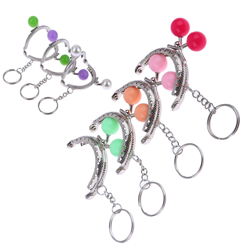 Lovely Metal Coin Purse Frame DIY Bag Accessory 5CM Silver Metal Purse Frame Colorful Bead Head With KeyChain Frames Kiss Clasp