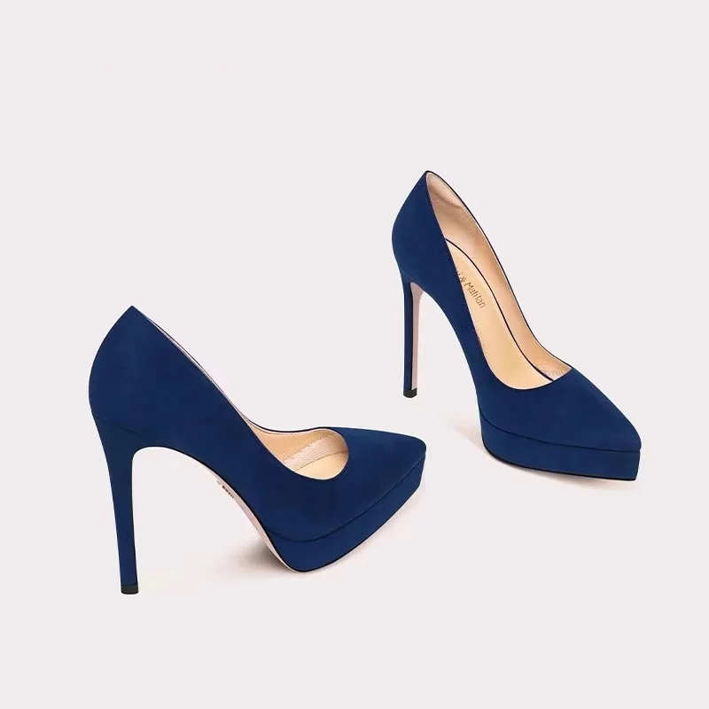 Autumn new shallow suede simple OL flat sole shoes thin high-heeled waterproof table banquet large size small size women's shoes