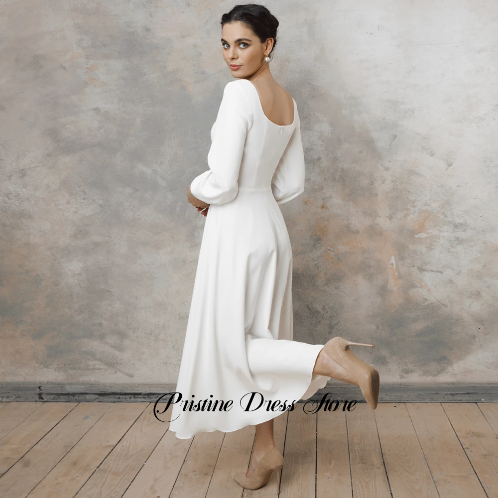 Elegant A-Line Square Collar Short Wedding Dress Customized Long Sleeves Tea Length Zipper Back Bridal Gowns Vestido De Novia