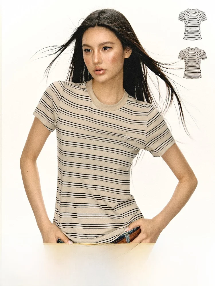 

Женская футболка Ariseism в американском ретро-стиле с полосками, круглым вырезом, приталенная, летняя, новая, уличная мода, топ