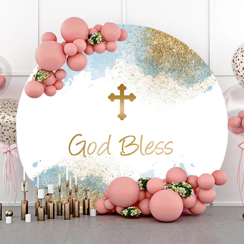 God Bless Round Backdrop Cover Baby Boy Baptism Decoration Wood Cross Angel Christening Girl Decor Party Circle Background Cloth