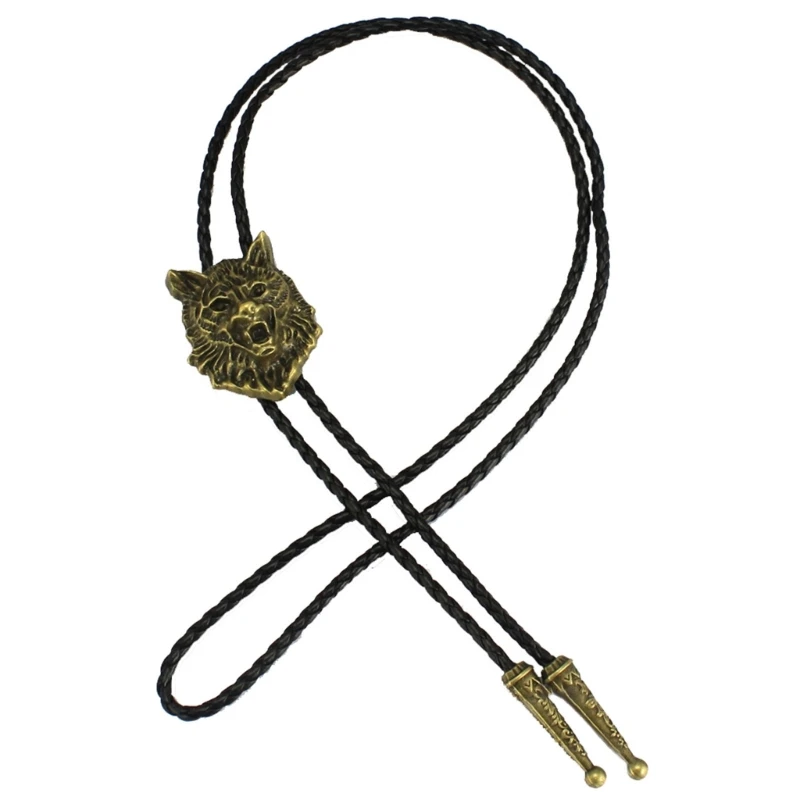 50JB Mens American Leather Rope Bolo Tie Necktie Metal Wolf Head Animal Cowboy Pendant Western Necklace Jewelry Shirt Chain