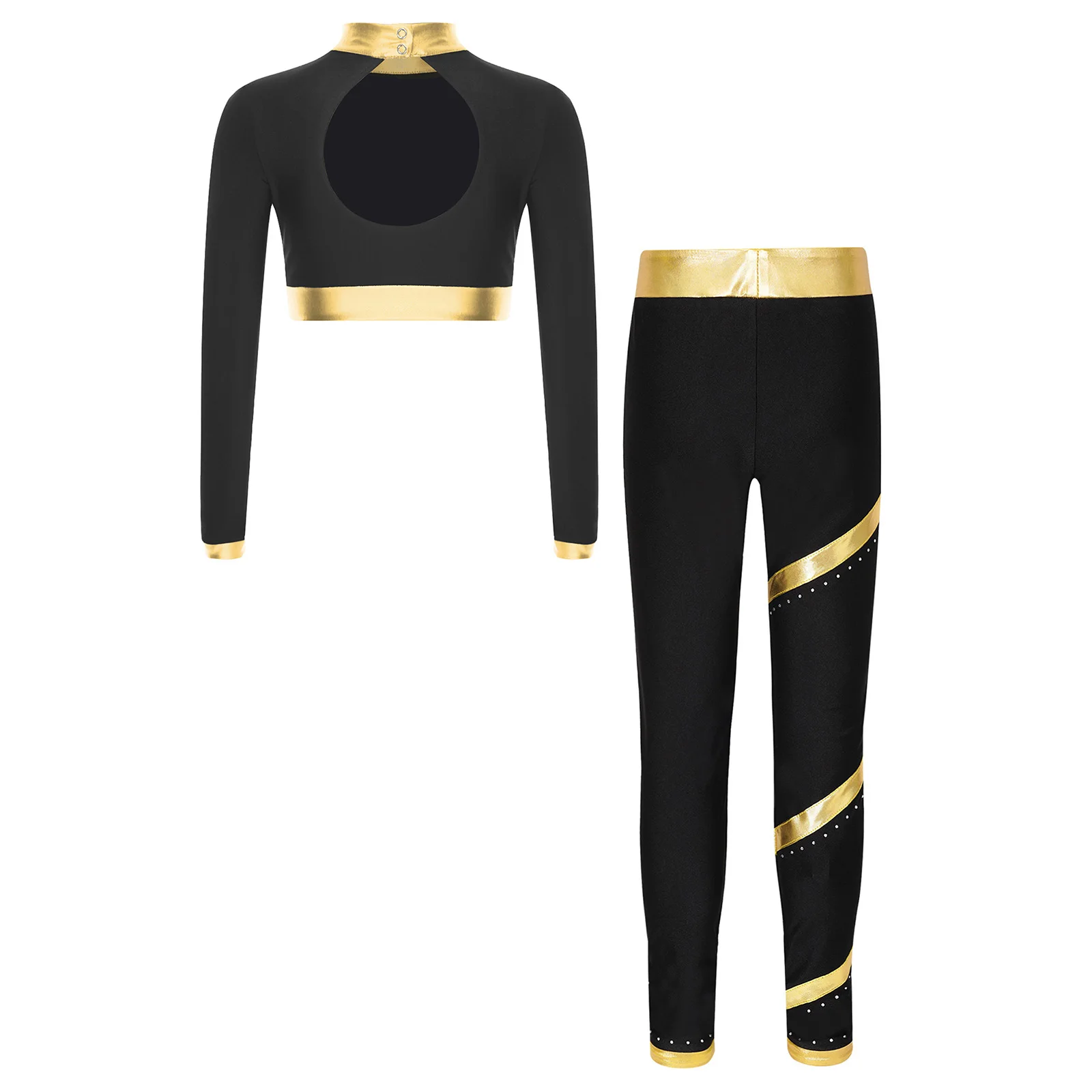 Kids Girls Figure Skating Dance Gymnastics Performance Costume Metallic Long Sleeves Rhinestones Crop Top with Pants Dancewear