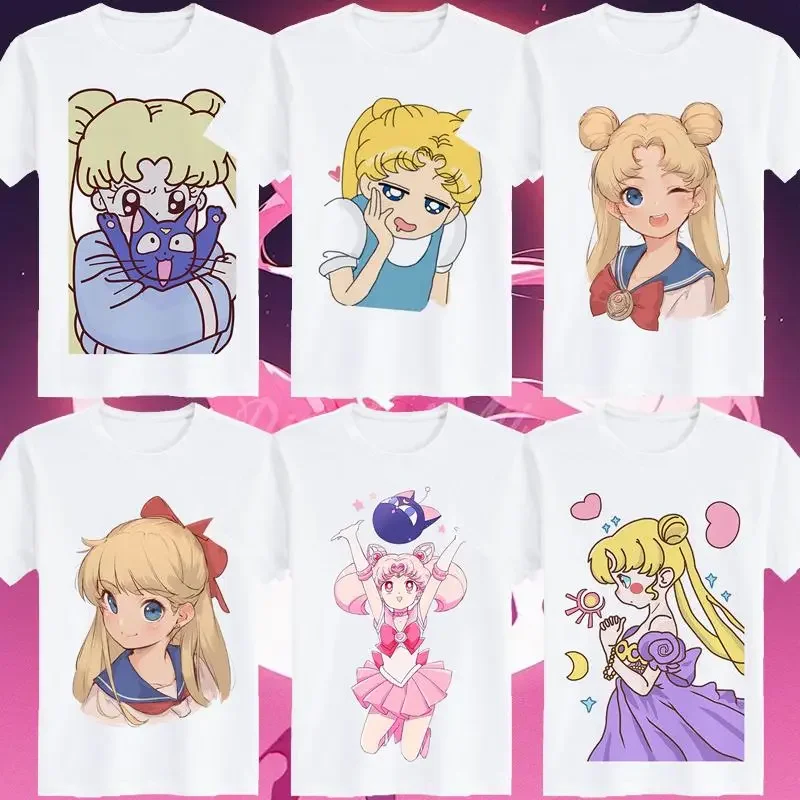 

Adorable Young Heroine Warrior, Yue Nozomi, with Water Ice Moon Pattern. New Style Cartoon Anime Loose Short-sleeved Shirt.