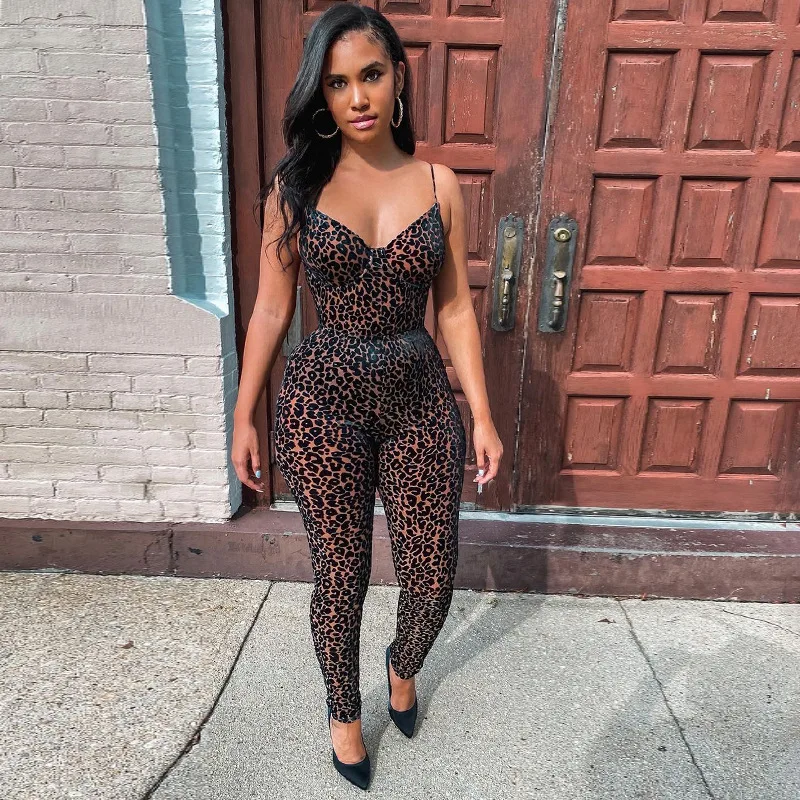 V neck Leopard Print Skinny Camisole Jumpsuit Women Mesh Flocking Low Chest Sleeveless Sexy Bodycon Clubwear Overalls One Piece