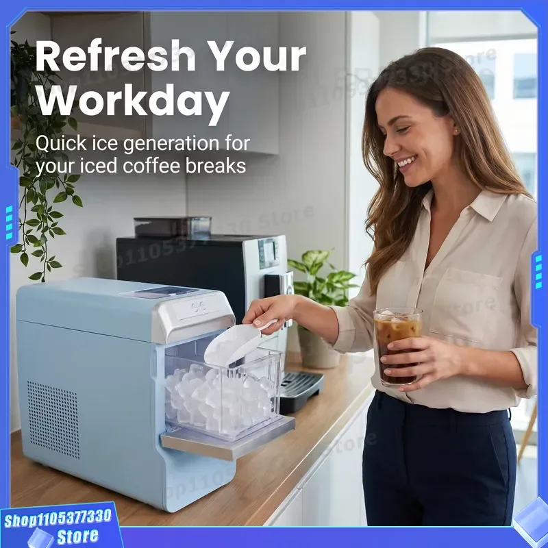 New 15KG Ice Makers Countertop with Handle, Portable Ice Machine Nugget Ice Auto-Cleaning with Basket and Scoop for Home