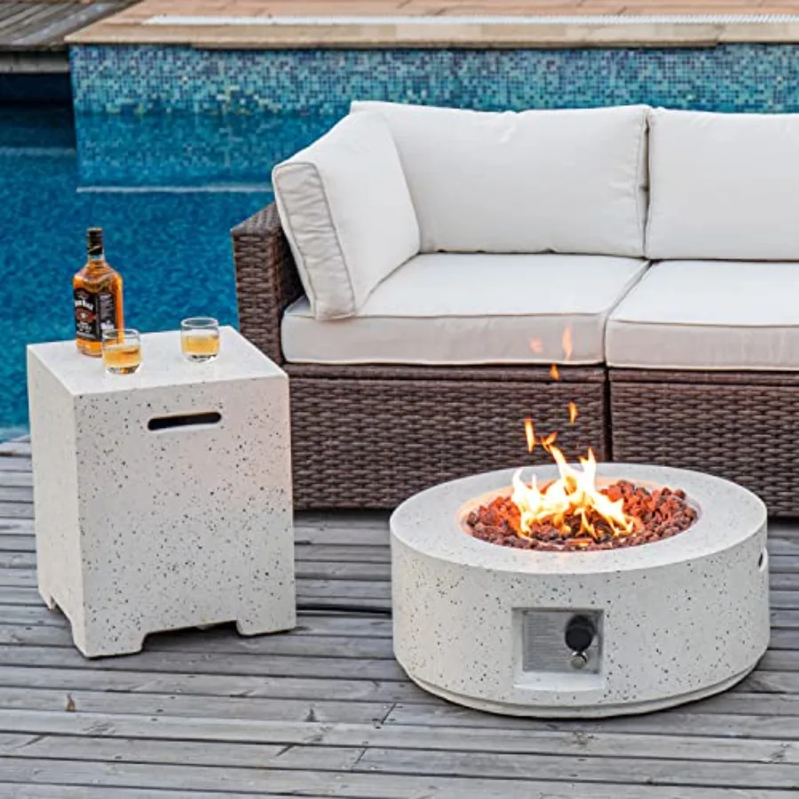 Outdoor propane fire table set for garden pool backyard use, terrazzo material, gray color, 40000 BTU certified heat output wit