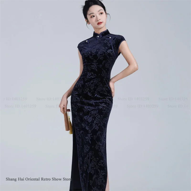 

Новое облегающее женское платье-ципао из бархата, без рукавов, в винтажном китайском стиле, длинное, с высококачественным жаккардовым цветочным узором