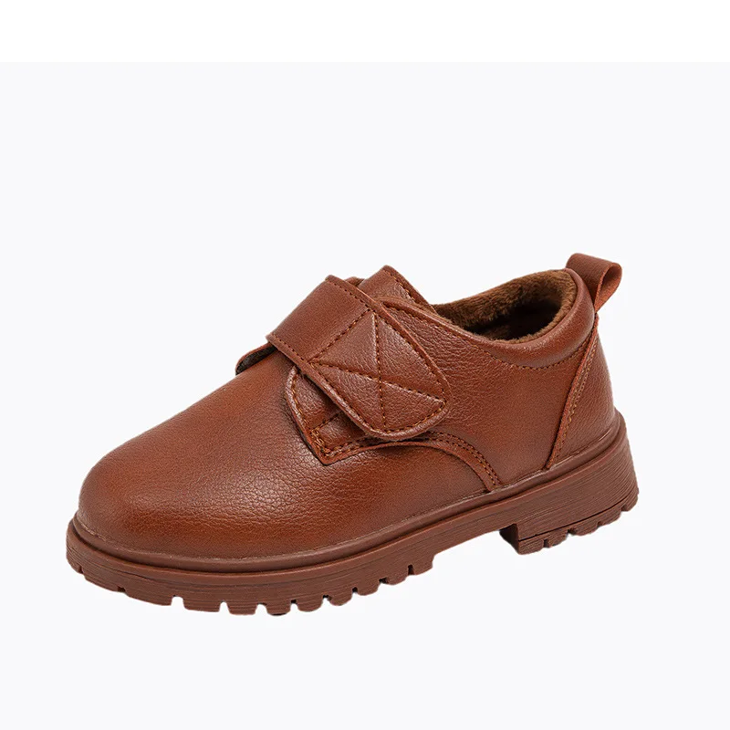 2024 Winter New Matte Soft Bottom Black Boys' Leather Shoes with Velvet Breathable British Fashion Medium Size Children's Shoes