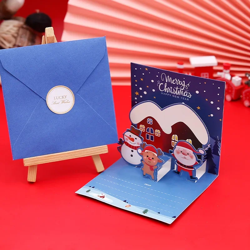 Merry Christmas Cards 3D Pop-up Greeting Cards with Envelope Santa Claus Snowman Laser Cut Xmas Happy New Year Greeting Cards