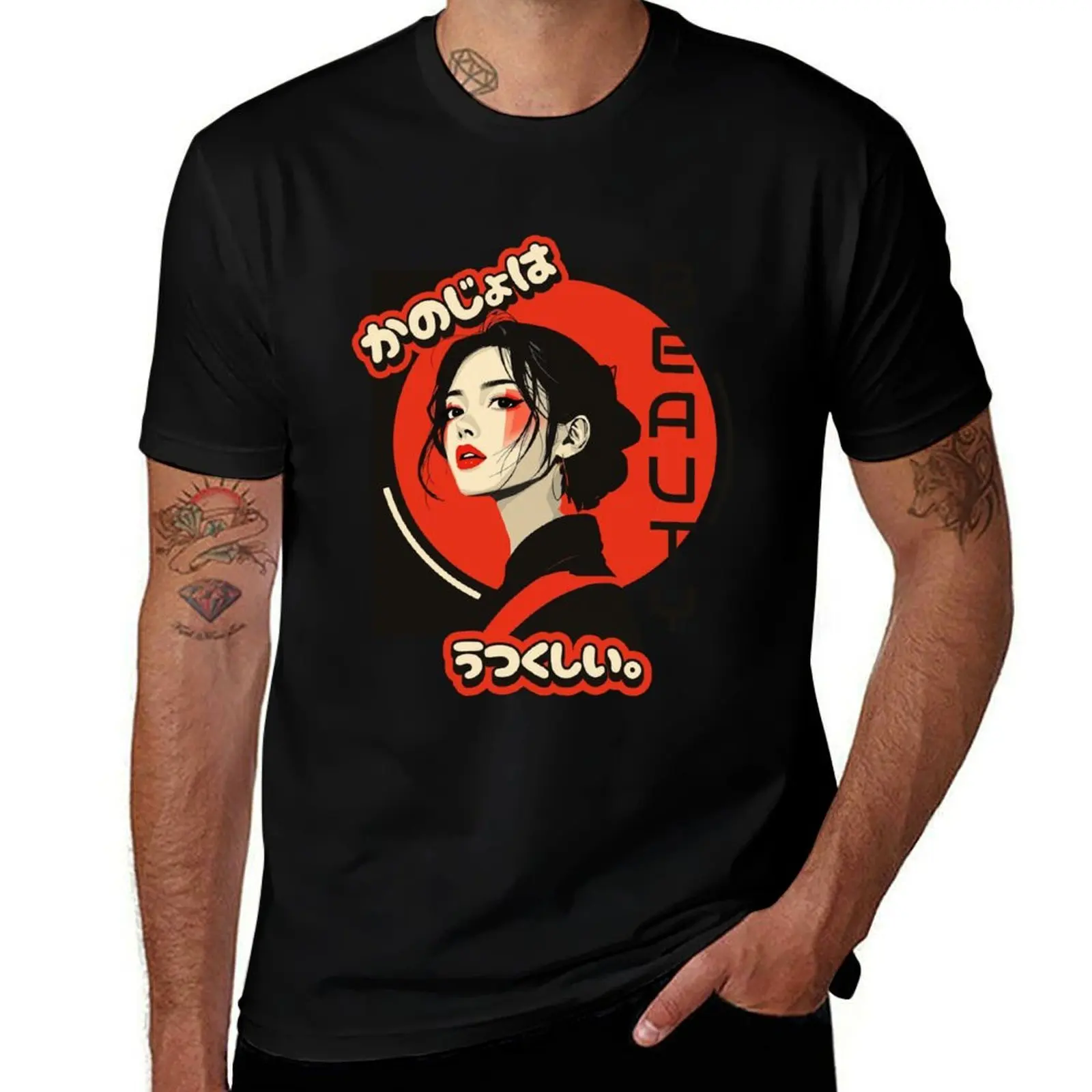 

She's Beautiful Art – Asian Woman Portrait in Red, Black & White Y2K Aesthetic Poster, Anime-Inspired Pop Art T-Shirt