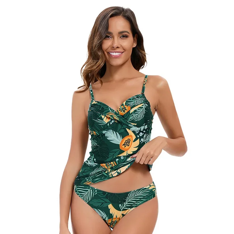 Women\'s Swimsuits 2024 Two Pieces Tankini Set Women Swimwear Female Bathing Suit Leaf Printed Swimsuit Woman Summer Beachwear