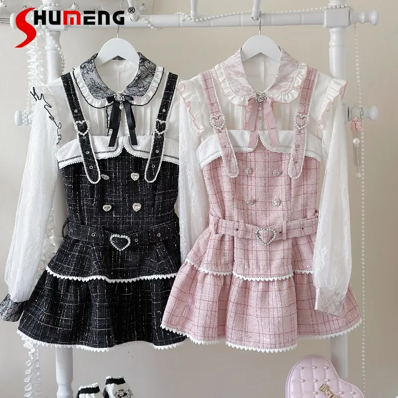 Japoński styl, koronkowa, urocza, czarna sukienka na ramiączkach w kratę z szortami, zestaw 2-częściowy Rojita, słodkie ubrania Y2k, nowy jesienno-zimowy komplet z długim rękawem.