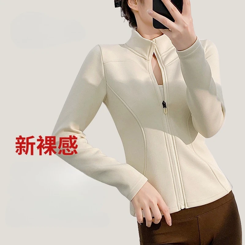 

Осенне-зимние спортивные куртки женские теплые топы для йоги с разрезом с длинными рукавами и воротником-стойкой на молнии для фитнеса и тренировок