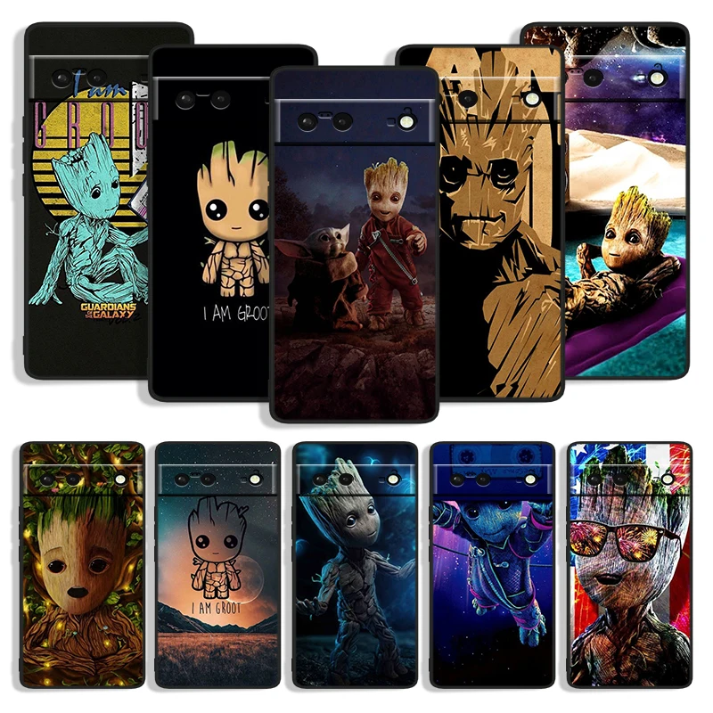 Marvel Groot Cute Shockproof Phone Cover for Google Pixel 7 6a 6 5a 5 4 4A XL 5G Black Case Soft Fundas Silicone Coque