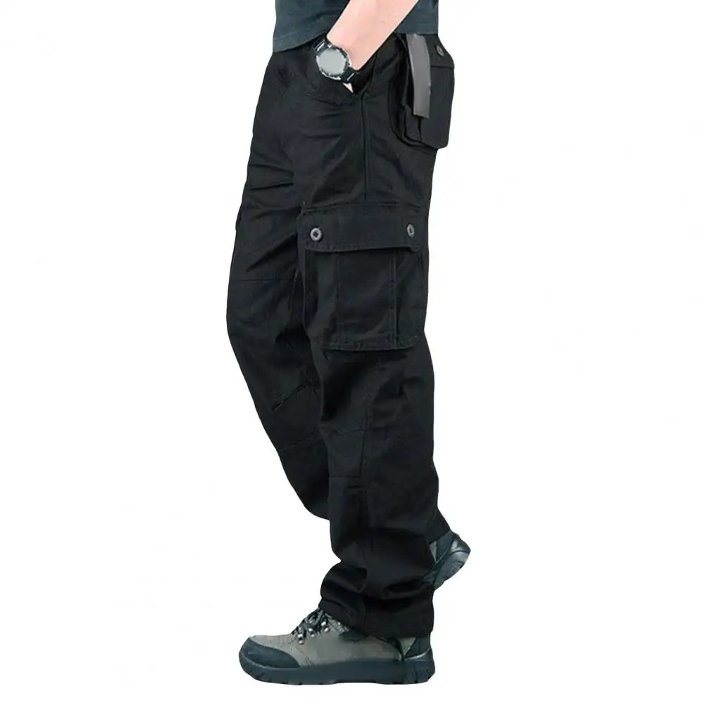 Men Cargo Pants Multi Pockets Button Zipper Closure Straight Wide Leg Streetwear Loose Solid Color Outdoor Long Trousers