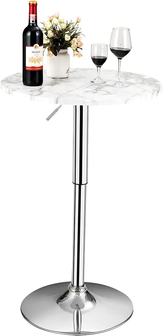 Byroce Round Bar Table, Cocktail Table Height Adjustable With 360° Swivel Top, Silver Leg & Base, High Pub Table For Bistro,