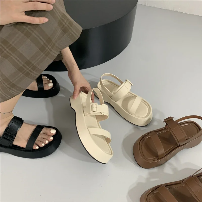 Sandalias de gladiador con plataforma, zapatos planos elegantes con punta abierta y correa en el tobillo, novedad de verano, 2023