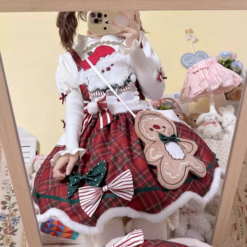 2025 nuevo vestido japonés Original de primavera y verano Lolita atmósfera hombre de jengibre traje a cuadros rojo vestido para mujer