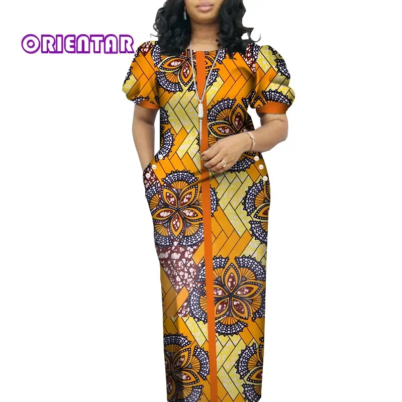 Elegant Women African Dress O-neck Short Puff Sleeve Long Maxi Dresses African Print Clothing Bazin Riche Plus Size Dress WY4542