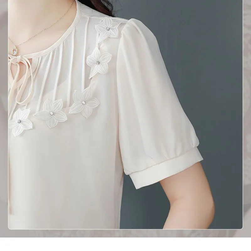 Summer Solid Color Women\'s Pullover Drawstring Round Neck Gauze Short Sleeve Chiffon Tie Flowers T-shirt Casual Elegant Tops