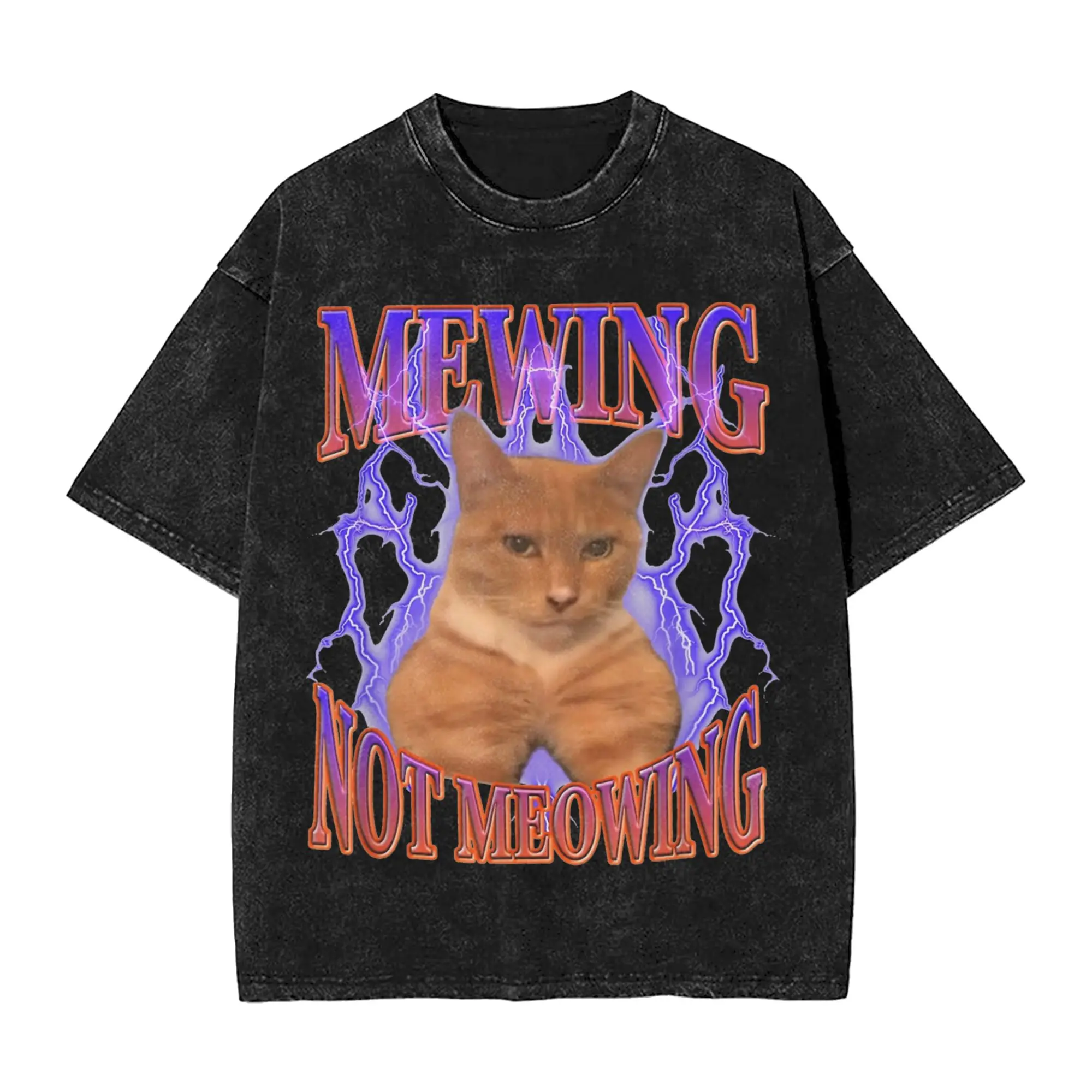 Mewing Not Meowing Cat Meme Washed T Shirts Streetwear  Retro T-Shirt  Tees Tops Men Women Short Sleeve High Street Summer