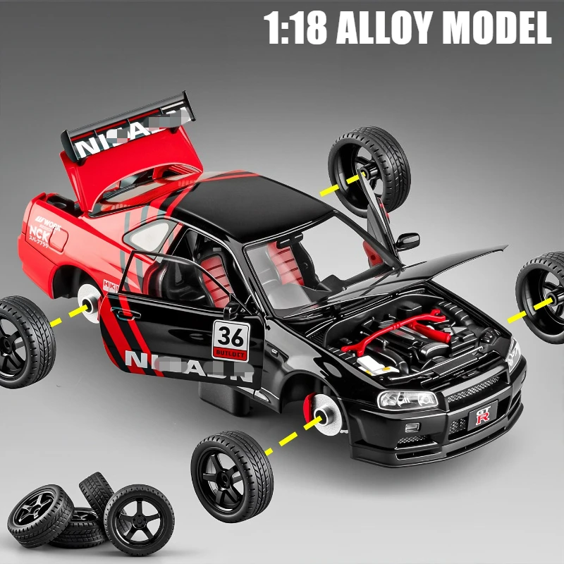 

Масштабная модель спортивного автомобиля GTR R34 1:18, литая из металла, с имитацией звука и света, коллекционная, подарок для детей