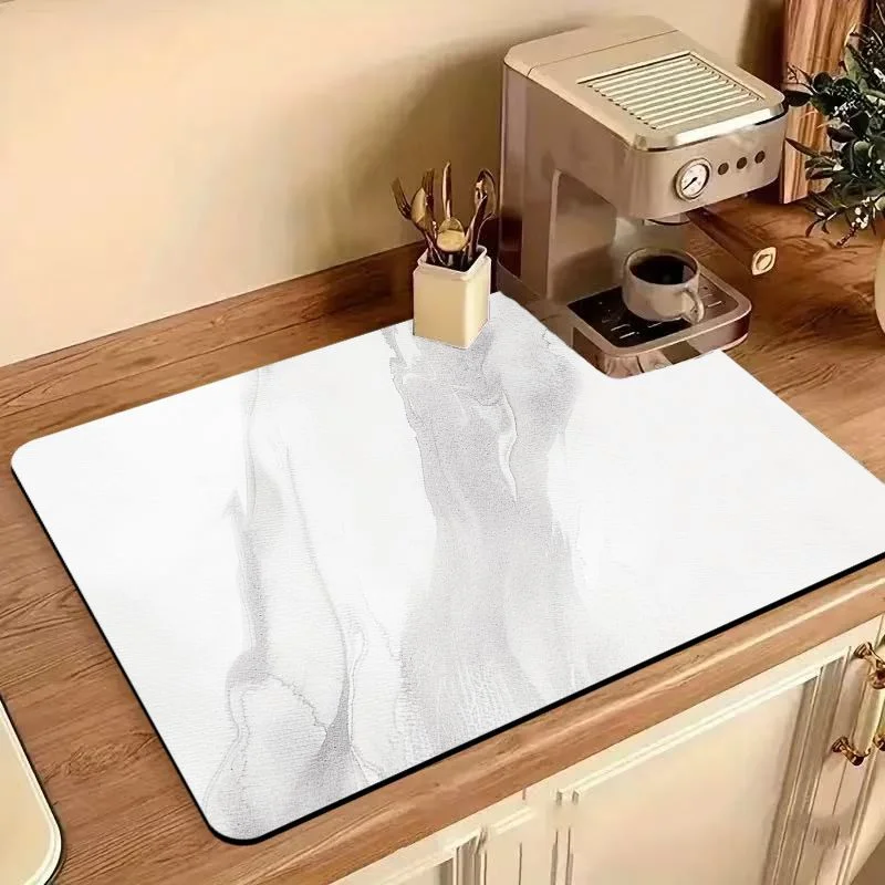 VIKAMA Grey White Marble Fluid Print Dish Drying Mat Quick Absorbent Coffee Machine Drain Pad Non Slip Kitchen Counter Accessory